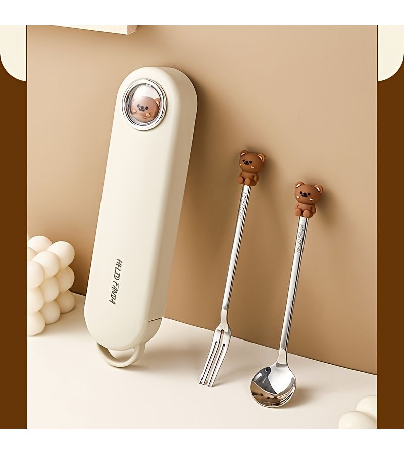 Stainless Steel Cartoon Fork Spoon Set With Fan Fan Tu Box Small Portable - Image 2