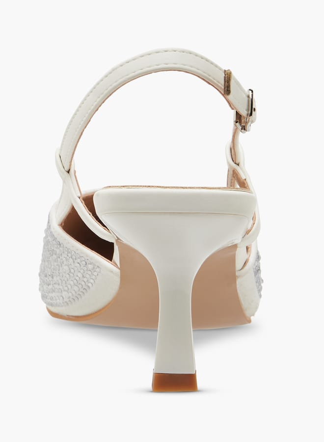 Flora Bella By Shoexpress Women Embellished Slingback Shoes with Flared Heels and Buckle Closure  - Image 4