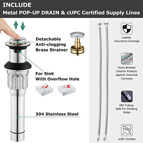 PARLOS Waterfall Widespread Bathroom Faucet 2 Handles with Metal Pop Up Drain & cUPC Faucet Supply Lines, Brushed Nickel, Demeter 1431802 - Image 3