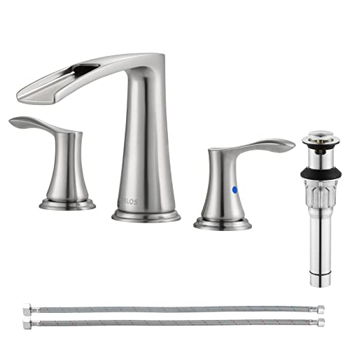 PARLOS Waterfall Widespread Bathroom Faucet 2 Handles with Metal Pop Up Drain & cUPC Faucet Supply Lines, Brushed Nickel, Demeter 1431802 - Image 1
