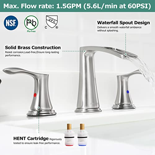 PARLOS Waterfall Widespread Bathroom Faucet 2 Handles with Metal Pop Up Drain & cUPC Faucet Supply Lines, Brushed Nickel, Demeter 1431802 - Image 2