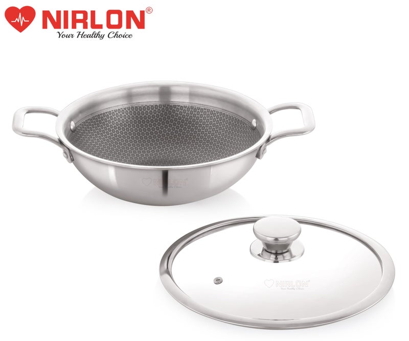 Nirlon نيرلون بريما كداي عميق من ثلاثي الطبقات من الفولاذ المقاوم للصدأ مع غطاء زجاجي | 20سم/1.6 لتر | غير سام | آمن للاستخدام | توزيع حرارة متساوي | مقبض قوي | تنظيف سهل (متوافق مع المواقد الحثية والغازية) - Image 5