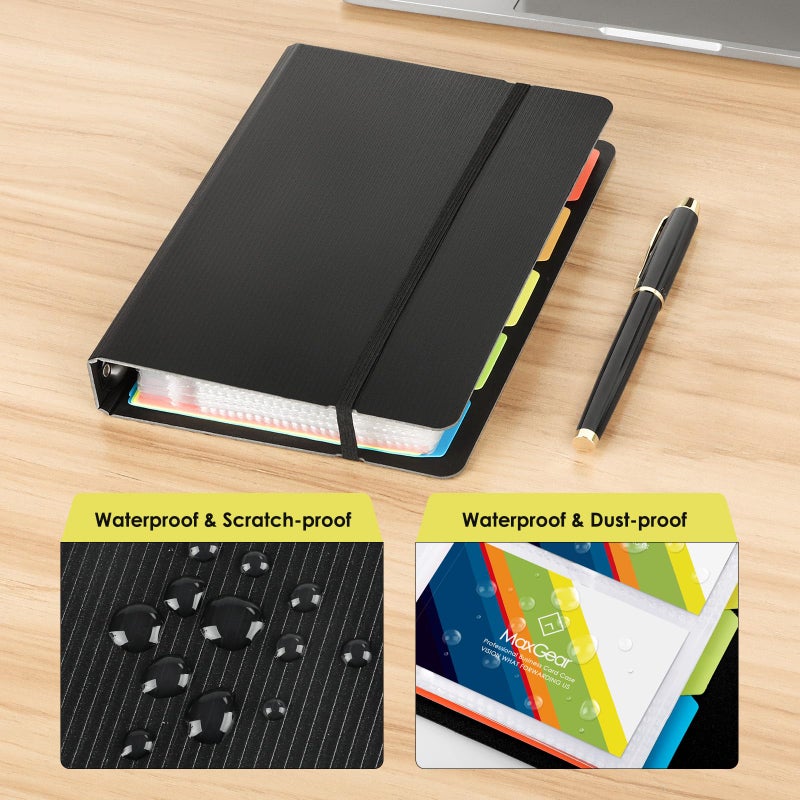 MaxGear Business Card Book, 180 Cards Organizer for Men & Women, Portable Name Card Holders Binder File for Business Cards, 5 Color Index Tabs, Polypropylene, Black - Image 5