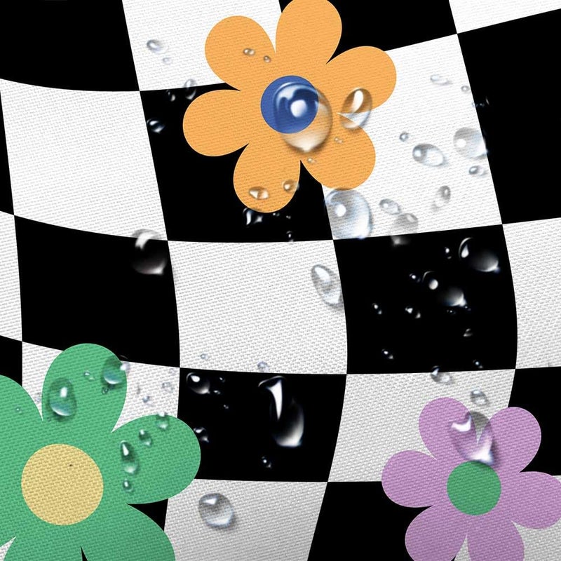 Uokiuki Black and White Groovy 70S Shower Curtain, Cute eclectic Retro Floral Checkered Aesthetic Shower curtain, Fun Funky Modern Hippie Boho Floral Fabric Y2K trendy Shower Curtain with Hooks, 70X70IN - Image 5