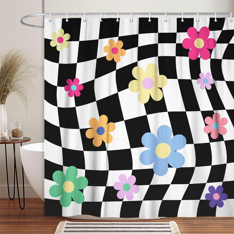 Uokiuki Black and White Groovy 70S Shower Curtain, Cute eclectic Retro Floral Checkered Aesthetic Shower curtain, Fun Funky Modern Hippie Boho Floral Fabric Y2K trendy Shower Curtain with Hooks, 70X70IN - Image 2