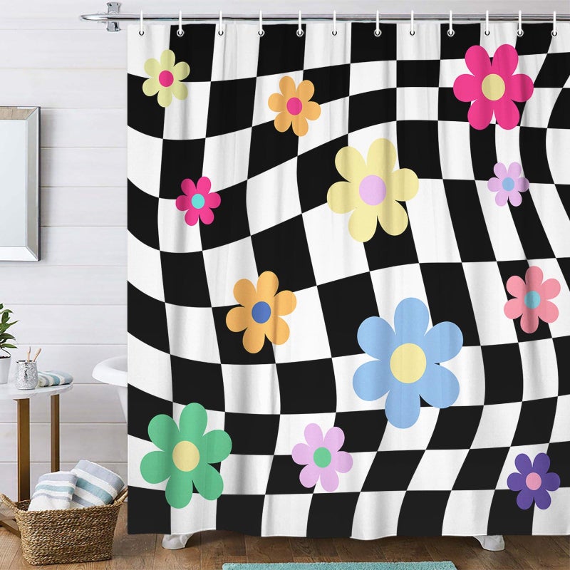 Uokiuki Black and White Groovy 70S Shower Curtain, Cute eclectic Retro Floral Checkered Aesthetic Shower curtain, Fun Funky Modern Hippie Boho Floral Fabric Y2K trendy Shower Curtain with Hooks, 70X70IN - Image 1
