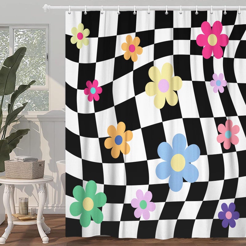 Uokiuki Black and White Groovy 70S Shower Curtain, Cute eclectic Retro Floral Checkered Aesthetic Shower curtain, Fun Funky Modern Hippie Boho Floral Fabric Y2K trendy Shower Curtain with Hooks, 70X70IN - Image 3