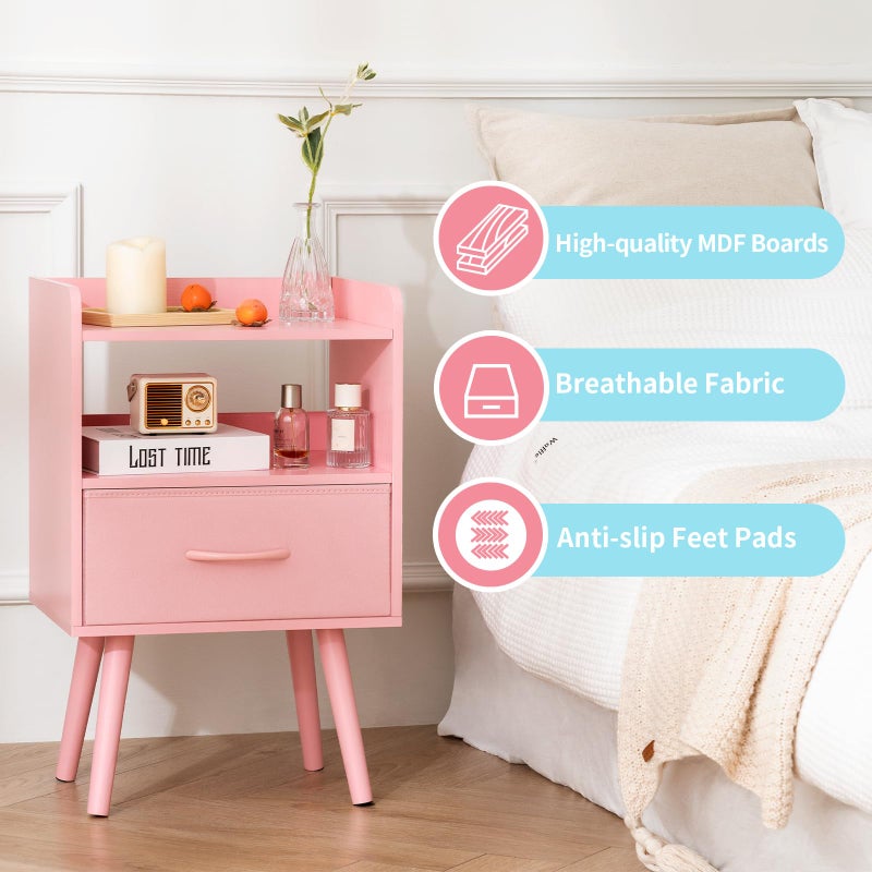 Yoobure Night Stand with Fabric Drawer, Modern Nightstand, Bedside Tables, Mid Century Nightstands with Open Storage Shelf, Wood Bedside Table, Small Night Stands for Bedrooms, 2-Tier Night Table - Image 3