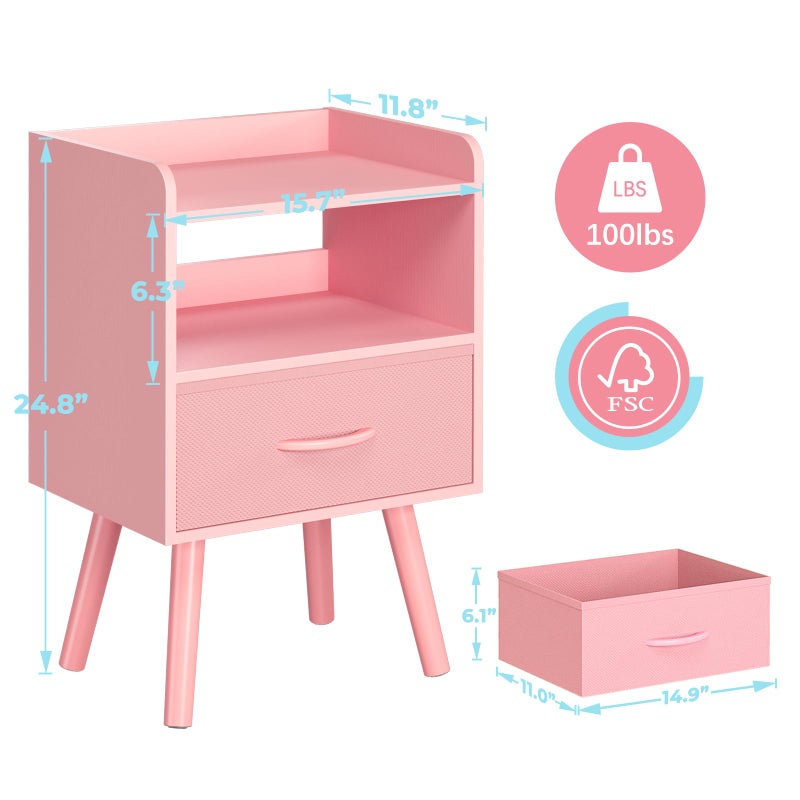 Yoobure Night Stand with Fabric Drawer, Modern Nightstand, Bedside Tables, Mid Century Nightstands with Open Storage Shelf, Wood Bedside Table, Small Night Stands for Bedrooms, 2-Tier Night Table - Image 2