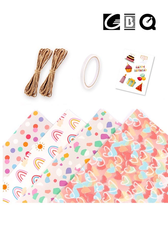 GBQ - Gift Wrap Set, 4 Sets of Colourful Wrapping Paper with String and Stickers for Valentine's Day, Birthdays, Graduations and Other Gift Wrappings - Image 1