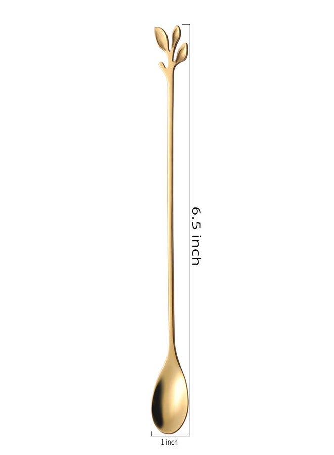 AnSaw 6.5" Elegant Leaf-Design Gold Coffee & Tea Spoons Set of 6- Long Handle Stainless Steel Stirring Spoons for Espresso, Iced Tea - Ideal Coffee Bar Accessories - Image 2