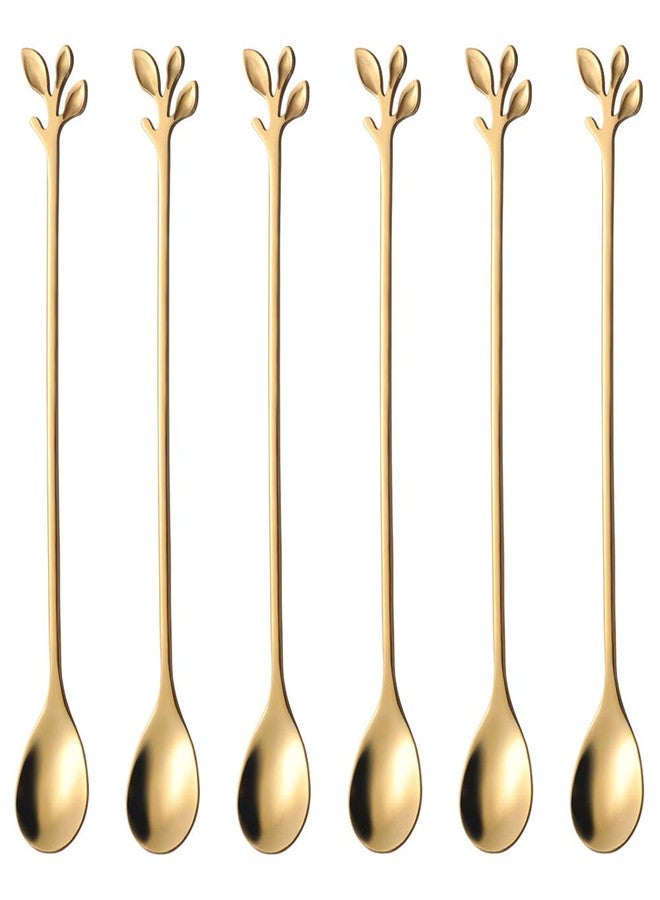 AnSaw 6.5" Elegant Leaf-Design Gold Coffee & Tea Spoons Set of 6- Long Handle Stainless Steel Stirring Spoons for Espresso, Iced Tea - Ideal Coffee Bar Accessories - Image 1