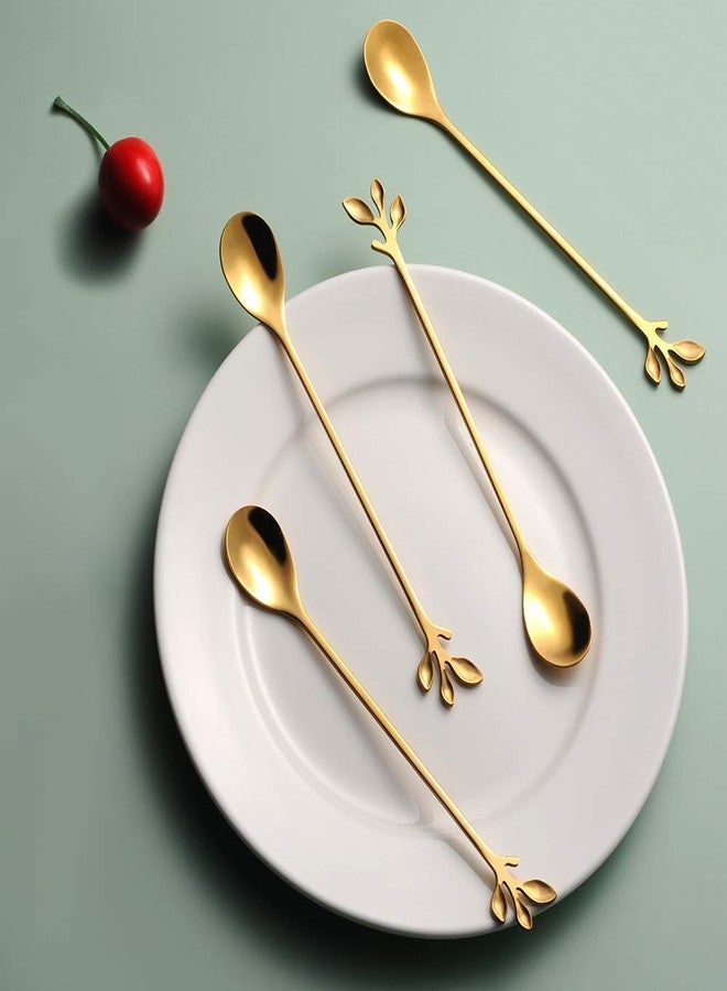 AnSaw 6.5" Elegant Leaf-Design Gold Coffee & Tea Spoons Set of 6- Long Handle Stainless Steel Stirring Spoons for Espresso, Iced Tea - Ideal Coffee Bar Accessories - Image 3