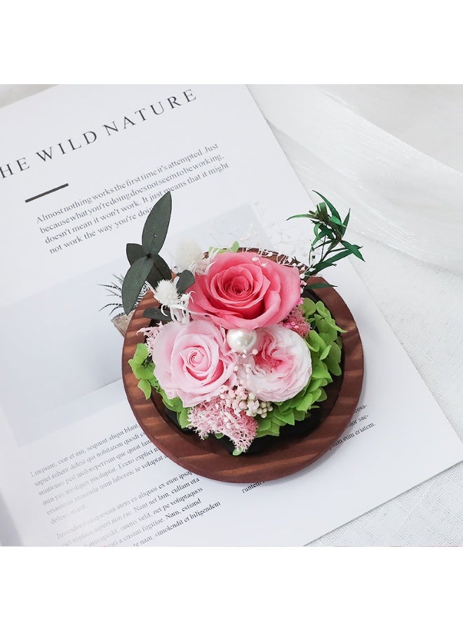 ديكور الزهور المحفوظة الوردية - مصنوع يدوياً، طازجة طويلة الأمد. هدية عيد ميلاد رومانسية، زينة سطح المكتب (12 سم × 12 سم) - Image 4