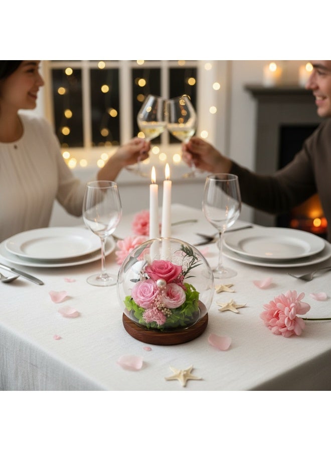 ديكور الزهور المحفوظة الوردية - مصنوع يدوياً، طازجة طويلة الأمد. هدية عيد ميلاد رومانسية، زينة سطح المكتب (12 سم × 12 سم) - Image 5