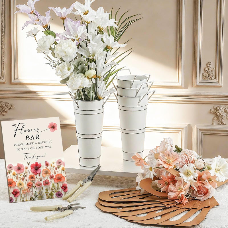 LEIFIDE White 39 Pcs Flower Bar Buckets Set Kit Bloom Bar Supplies Include Wood Sign Gift Bags Iron Bucket Garden Flower Shears for Valentine Days Wedding Bridal Shower Table Centerpieces - Image 3
