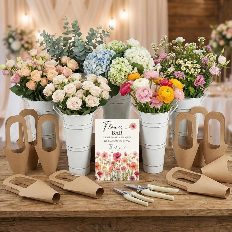 LEIFIDE White 39 Pcs Flower Bar Buckets Set Kit Bloom Bar Supplies Include Wood Sign Gift Bags Iron Bucket Garden Flower Shears for Valentine Days Wedding Bridal Shower Table Centerpieces - Image 1