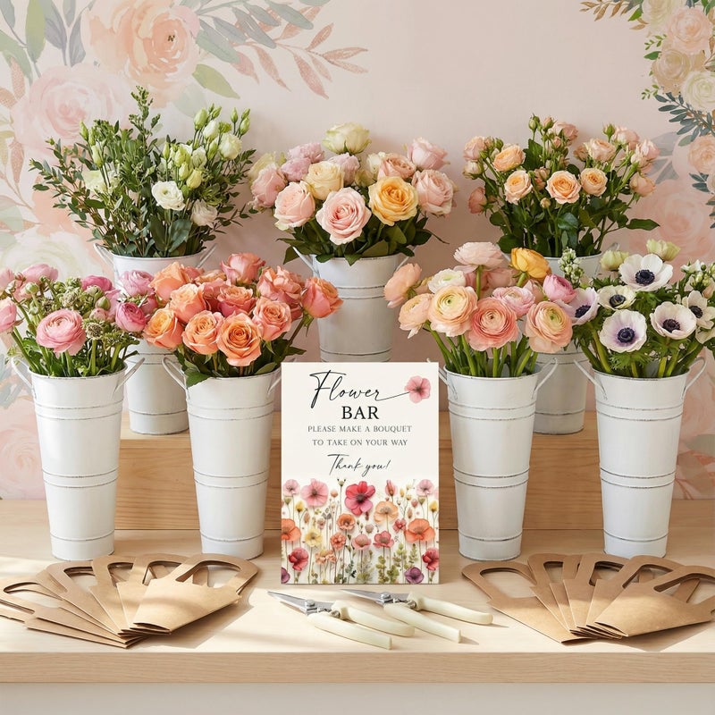 LEIFIDE White 39 Pcs Flower Bar Buckets Set Kit Bloom Bar Supplies Include Wood Sign Gift Bags Iron Bucket Garden Flower Shears for Valentine Days Wedding Bridal Shower Table Centerpieces - Image 5