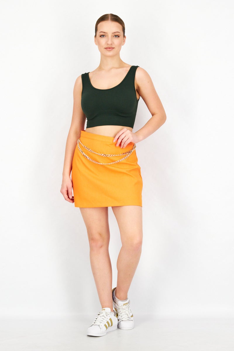 Reserved Women Solid With Chain Detail Mini Skirt, Orange - Image 4