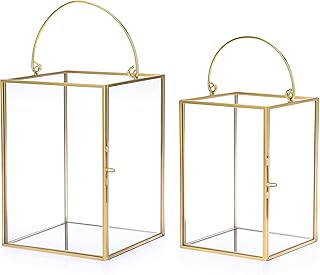 OwnMy Set of 2 Gold Glass Hurricane Candle Holders Geometric Candle Lanterns Metal Pillar Candle Stands with Handle, - Image 1