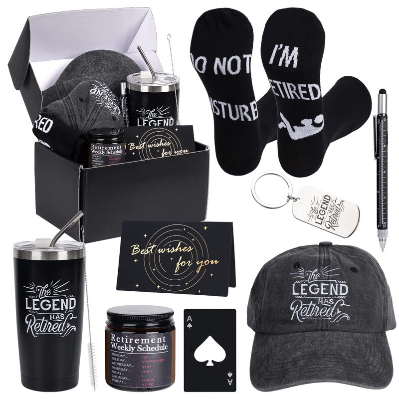 Kolewo4ever Kolewo4ever 9 Pcs Retirement Gift for Men 2025 Happy Retirement Gifts for Coworker Teachers Dad Grandpa Best Retire Gifts Box with Insulated Tumbler Baseball Cap Socks