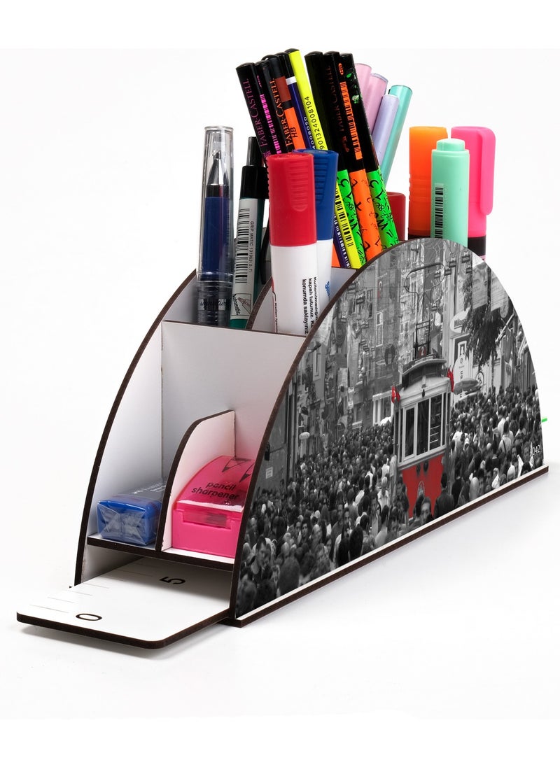 KutuTR Wooden Vip City Series Rainbow Ruler Desktop Pen Holder Organizer with Mounted Box  - Image 1