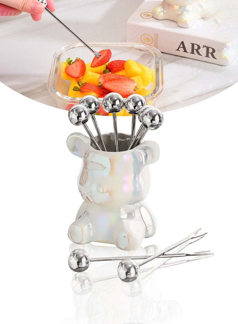 بيروي 6 قطع شوكة الفواكه، شوكة الحلوى، شوكة الفواكه من الفولاذ المقاوم للصدأ + وعاء التخزين الخزفي، شوكة الفواكه من الفولاذ المقاوم للصدأ المنزلية، شوكة الحلوى، شوكة السلطة، أدوات تخزين الدببة - Image 1