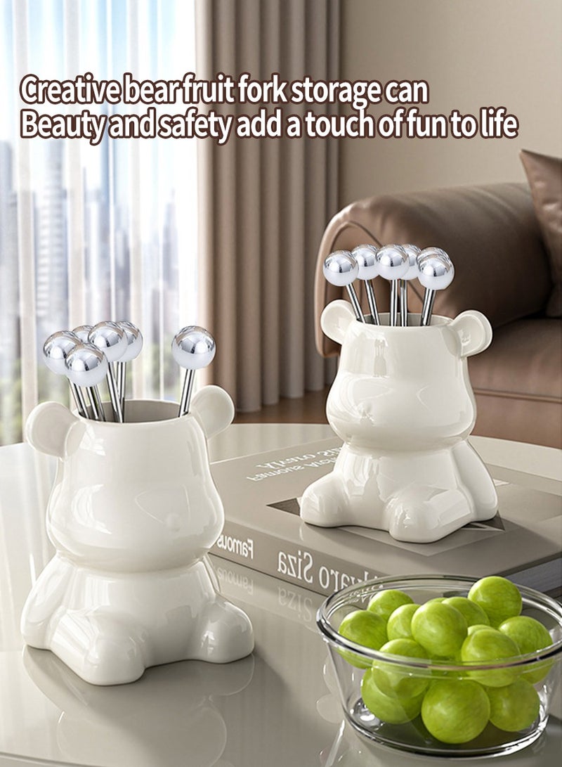بيروي 6 قطع شوكة الفواكه، شوكة الحلوى، شوكة الفواكه من الفولاذ المقاوم للصدأ + وعاء التخزين الخزفي، شوكة الفواكه من الفولاذ المقاوم للصدأ المنزلية، شوكة الحلوى، شوكة السلطة، أدوات تخزين الدببة - Image 5