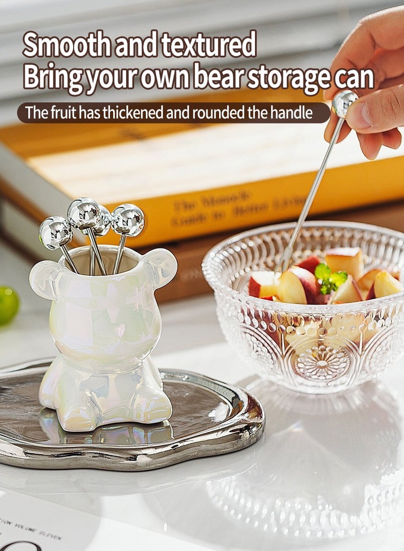 بيروي 6 قطع شوكة الفواكه، شوكة الحلوى، شوكة الفواكه من الفولاذ المقاوم للصدأ + وعاء التخزين الخزفي، شوكة الفواكه من الفولاذ المقاوم للصدأ المنزلية، شوكة الحلوى، شوكة السلطة، أدوات تخزين الدببة - Image 2