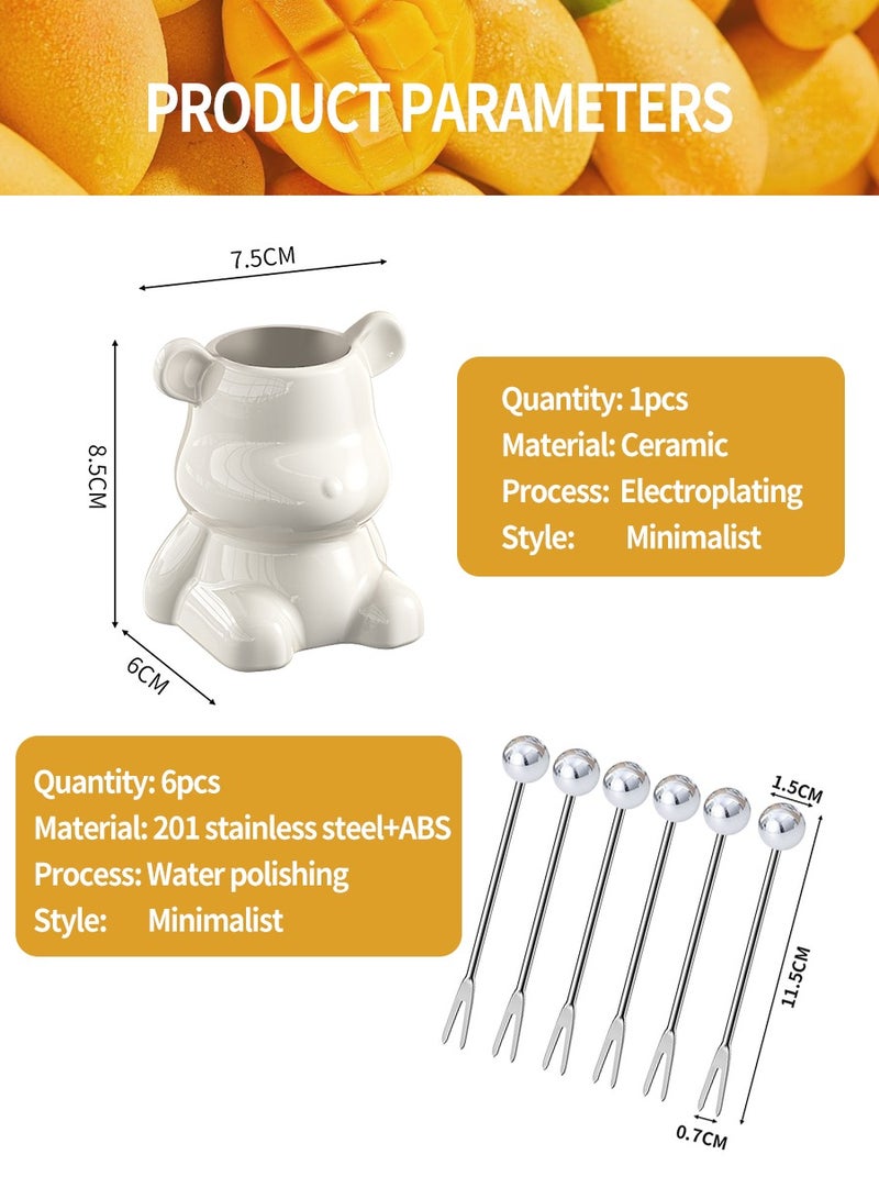 بيروي 6 قطع شوكة الفواكه، شوكة الحلوى، شوكة الفواكه من الفولاذ المقاوم للصدأ + وعاء التخزين الخزفي، شوكة الفواكه من الفولاذ المقاوم للصدأ المنزلية، شوكة الحلوى، شوكة السلطة، أدوات تخزين الدببة - Image 3