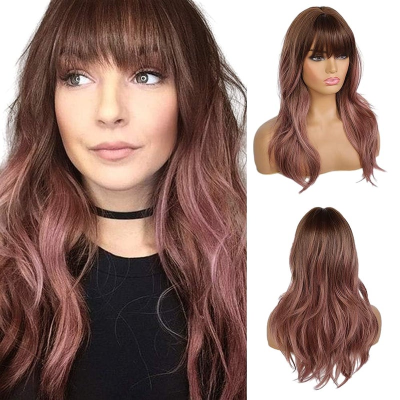 EMMOR Long Wavy Wigs with Bangs for Women 20 Inch Natural Curly Hair With Air Bang Synthetic Ombre Wigs Party Cosplay Daily Use
