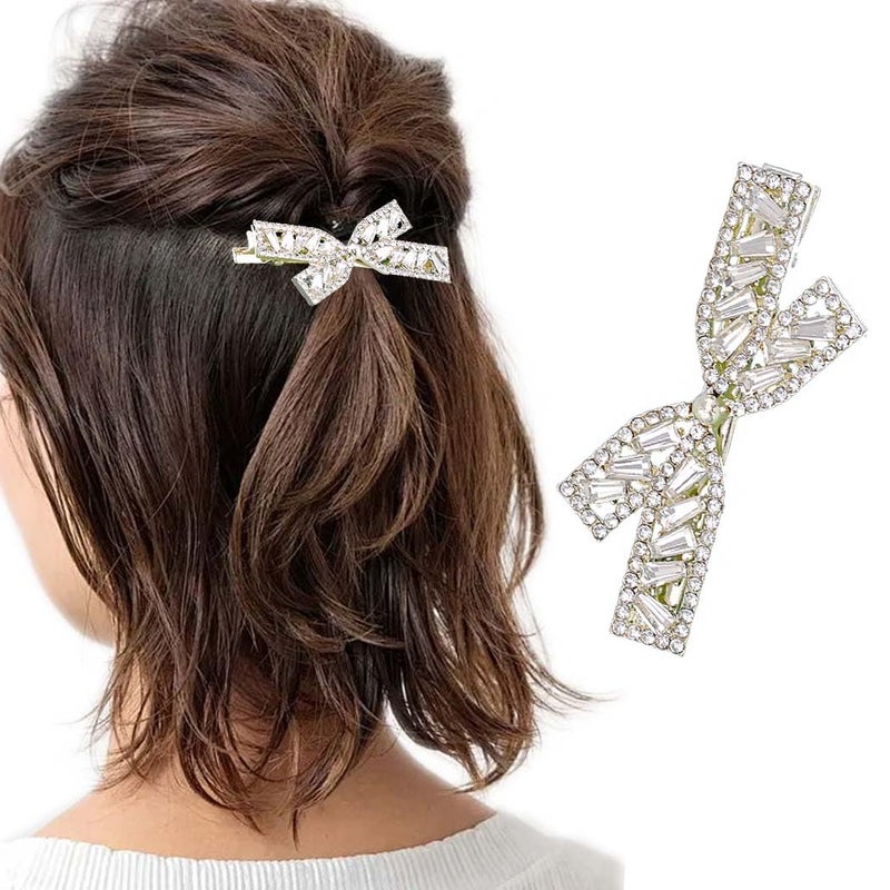 Silver Crystal Bow Hair Clip Rhinestones Bowknot Hair Pins Wedding Bride Hair Barrette Hair Accessories for Women and Girls Silver