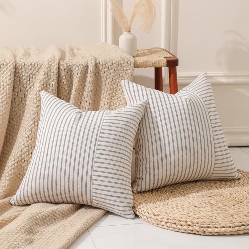 Hckot Grey and Beige Patchwork Farmhouse Throw Pillow Covers 20 x 20 Inch, Pack of 2 Striped Linen Decorative Pillow Case for Sofa Couch Chair Bedroom Modern Decor (20" x 20", Grey) - Image 2
