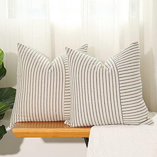 Hckot Grey and Beige Patchwork Farmhouse Throw Pillow Covers 20 x 20 Inch, Pack of 2 Striped Linen Decorative Pillow Case for Sofa Couch Chair Bedroom Modern Decor (20" x 20", Grey) - Image 1