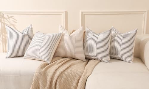 Hckot Grey and Beige Patchwork Farmhouse Throw Pillow Covers 20 x 20 Inch, Pack of 2 Striped Linen Decorative Pillow Case for Sofa Couch Chair Bedroom Modern Decor (20" x 20", Grey) - Image 5