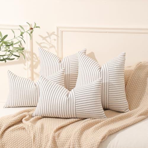 Hckot Grey and Beige Patchwork Farmhouse Throw Pillow Covers 20 x 20 Inch, Pack of 2 Striped Linen Decorative Pillow Case for Sofa Couch Chair Bedroom Modern Decor (20" x 20", Grey) - Image 3