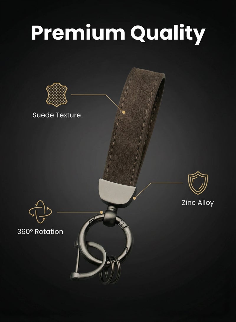 Durable Suede Leather Keychain for Men, Metal Key Ring with D-Ring and Carabiner, Dark Brown and Black, Stylish & Practical EDC Key Holder Accessory - Image 2