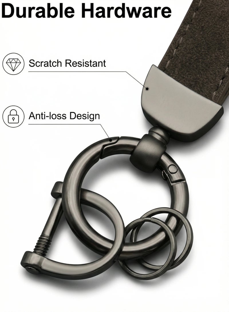 Durable Suede Leather Keychain for Men, Metal Key Ring with D-Ring and Carabiner, Dark Brown and Black, Stylish & Practical EDC Key Holder Accessory - Image 4