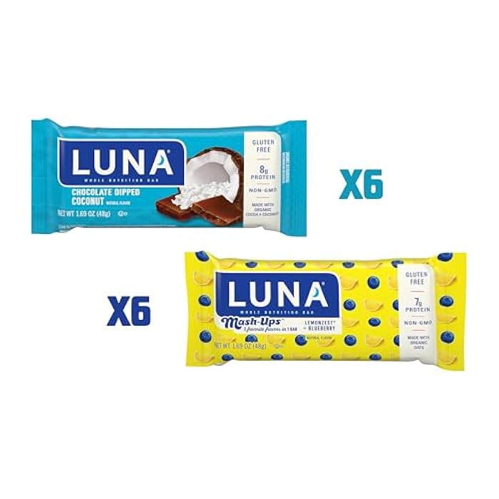 LUNA BAR بار لونا - مجموعة متنوعة - جوز الهند المغطى بالشوكولاتة ونكهة الليمون + مزيج التوت الأزرق - بار وجبات خفيفة خالية من الجلوتين - غير معدلة وراثيًا - بار بروتين - مصنوعة من الشوفان العضوي (12 عبوة) - Image 2