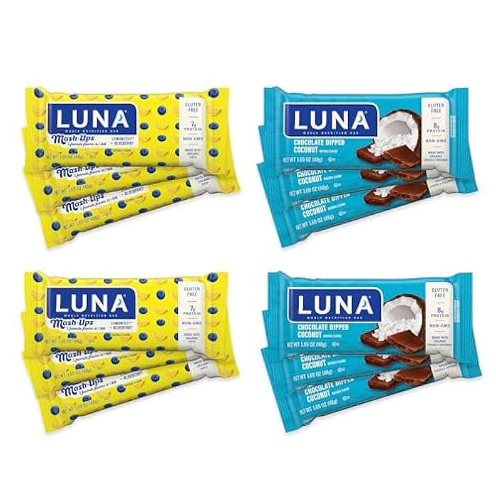 LUNA BAR بار لونا - مجموعة متنوعة - جوز الهند المغطى بالشوكولاتة ونكهة الليمون + مزيج التوت الأزرق - بار وجبات خفيفة خالية من الجلوتين - غير معدلة وراثيًا - بار بروتين - مصنوعة من الشوفان العضوي (12 عبوة) - Image 1