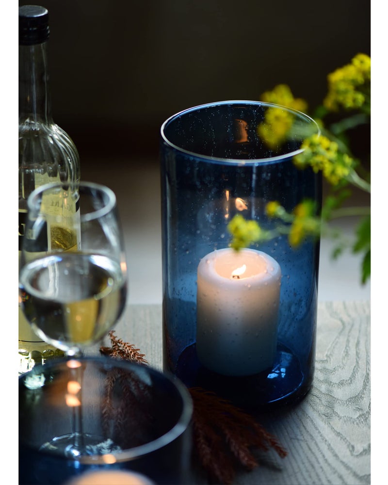 ARIAMOTION Glass Hurricane Candle Holder for Pillar Blue Cylinder Vase Flower Centerpiece Seeded Bubbles Modern Table Decoration for Kitchen Living Room 8 Inch 5 inch Diam - Image 1