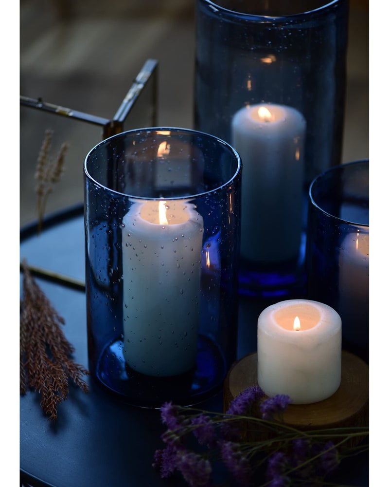 ARIAMOTION Glass Hurricane Candle Holder for Pillar Blue Cylinder Vase Flower Centerpiece Seeded Bubbles Modern Table Decoration for Kitchen Living Room 8 Inch 5 inch Diam - Image 2