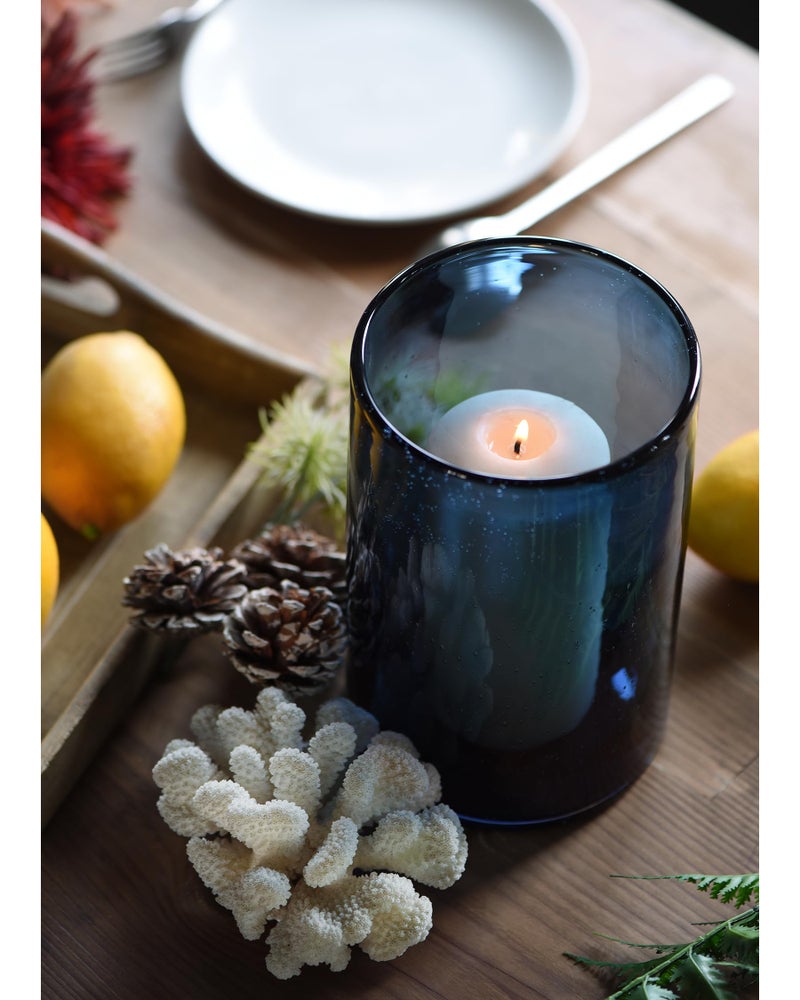 ARIAMOTION Glass Hurricane Candle Holder for Pillar Blue Cylinder Vase Flower Centerpiece Seeded Bubbles Modern Table Decoration for Kitchen Living Room 8 Inch 5 inch Diam - Image 4