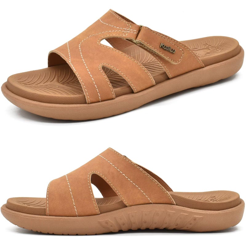 KuaiLu Womens Fashion Orthotic Slides Ladies Athletic Yoga Mat Memory Foam Walking Recovery Sandals Slip On Open Toe Thick Cushion Slippers Comfortable Plantar Fasciitis Arch Support Khaki Size 6 - Image 1