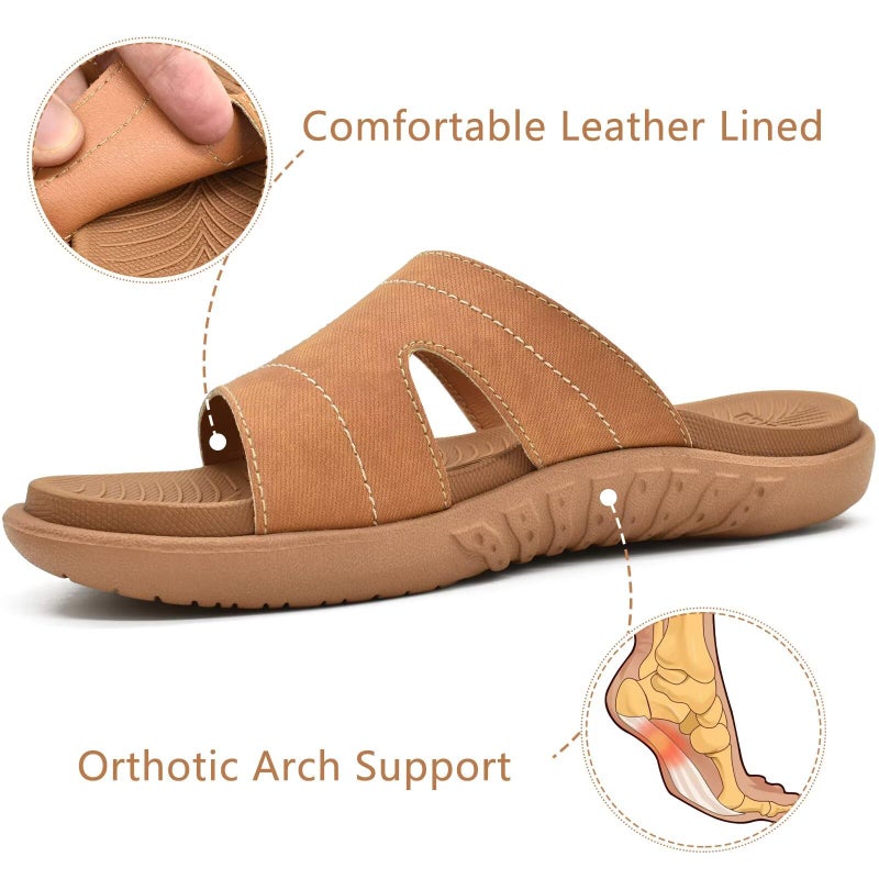 KuaiLu Womens Fashion Orthotic Slides Ladies Athletic Yoga Mat Memory Foam Walking Recovery Sandals Slip On Open Toe Thick Cushion Slippers Comfortable Plantar Fasciitis Arch Support Khaki Size 6 - Image 4