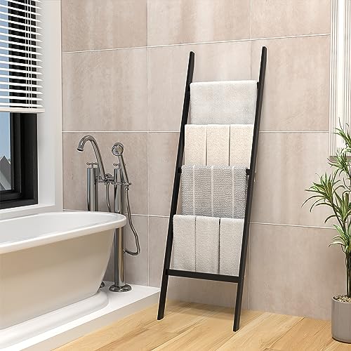 POXAKA Blanket Ladders for The Living Room, 5-Tier Blanket Holder, Wall-Leaning Blanket Rack, Ladder Shelves, Wooden Quilt Ladder, Farmhouse Decor, Scarf Ladder Shelves for Living Room, Bedroom - Image 2