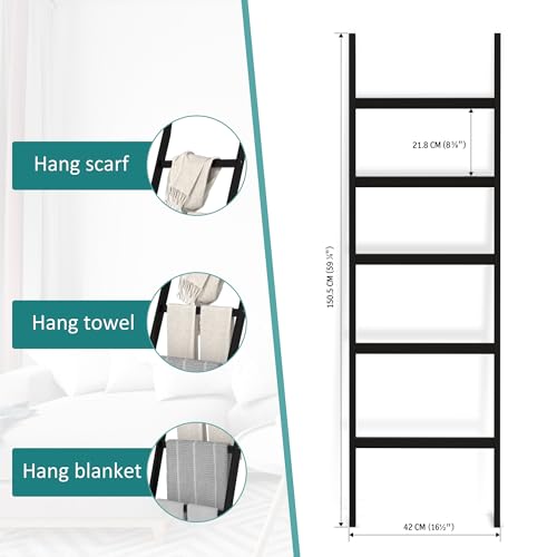 POXAKA Blanket Ladders for The Living Room, 5-Tier Blanket Holder, Wall-Leaning Blanket Rack, Ladder Shelves, Wooden Quilt Ladder, Farmhouse Decor, Scarf Ladder Shelves for Living Room, Bedroom - Image 5