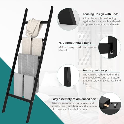 POXAKA Blanket Ladders for The Living Room, 5-Tier Blanket Holder, Wall-Leaning Blanket Rack, Ladder Shelves, Wooden Quilt Ladder, Farmhouse Decor, Scarf Ladder Shelves for Living Room, Bedroom - Image 3