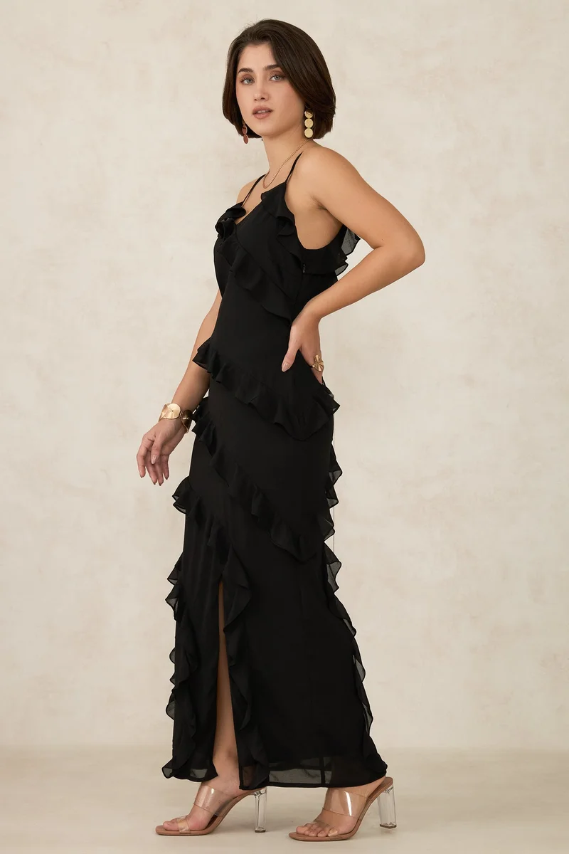 فيرجيو Georgette Ruffle Vacation Slit Maxi Dresses for Women