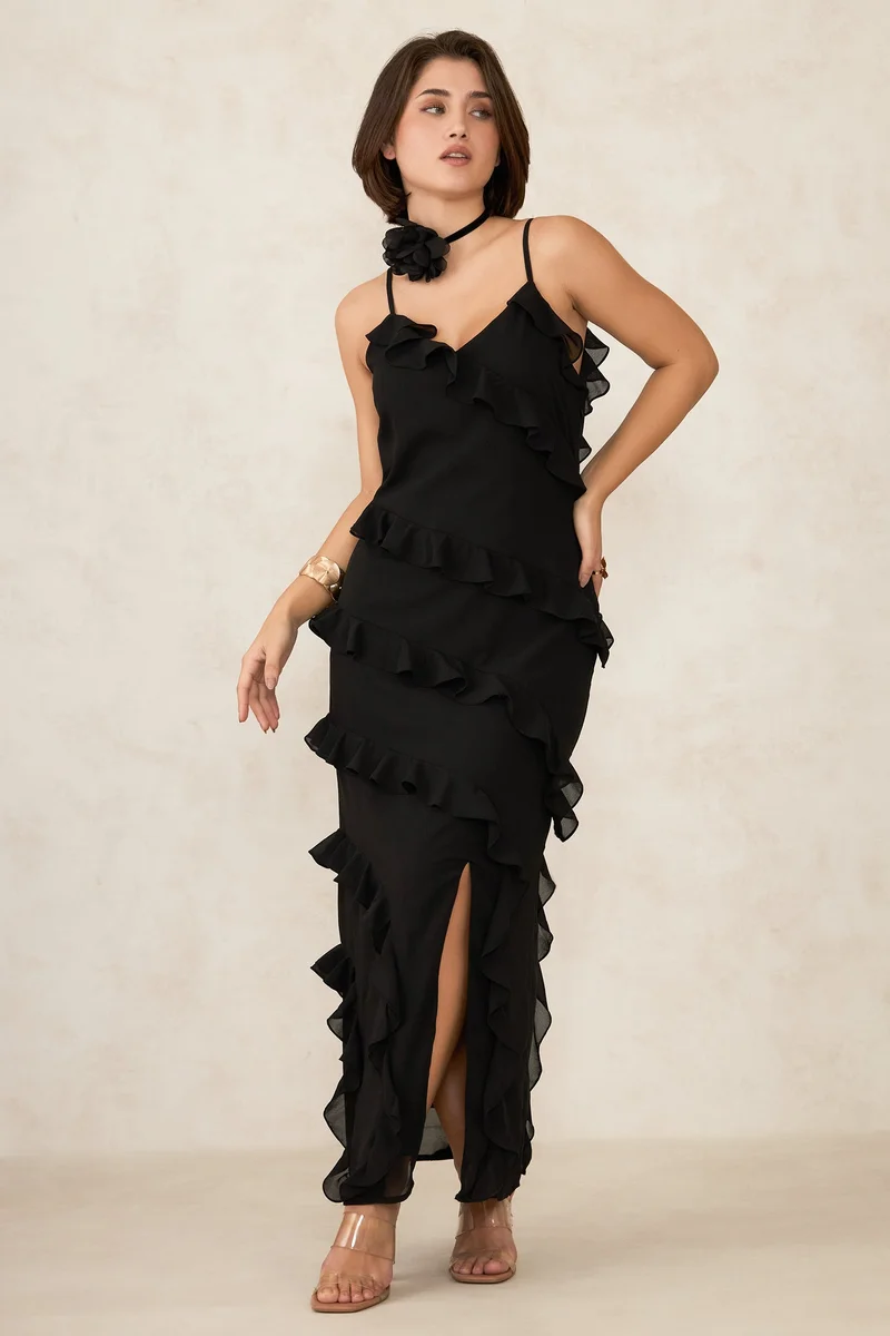 فيرجيو Georgette Ruffle Vacation Slit Maxi Dresses for Women